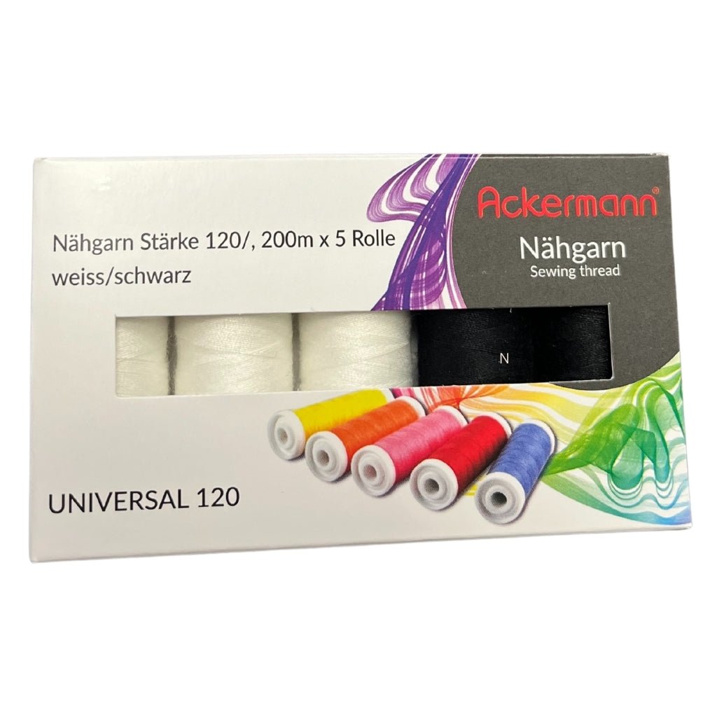 Ackermann 5X 200m UNIVERSAL NÄHGARN (Allesnäher), Stärke 120, 100% Polyester, reißfest (3X Weiß + 2X Schwarz) - Nähmaschinen SCHWAAK